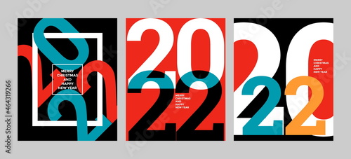 2022 Colorful set of Happy New Year posters. Abstract design with typography style. Vector logo 2022 for celebration and season decoration, backgrounds for branding, banner, cover, card and more.