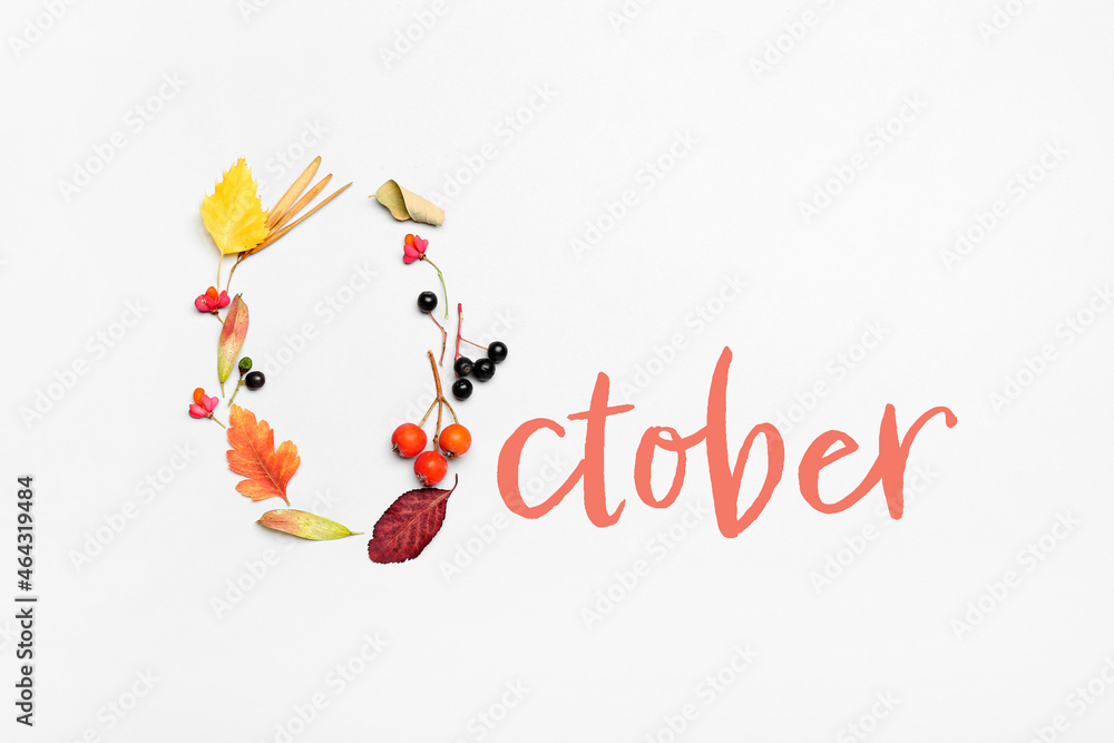 Word OCTOBER with autumn leaves and berries on white background Word OCTOBER with autumn leaves and berries on white background