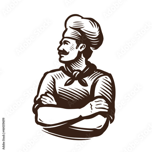 Chef with food tray logo, emblem. Vintage sketch vector illustration