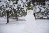 Funny snowman in a forest on a snowy winter walk
