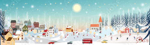 Winter landscape, Celebrating Christmas and new Year 2022 in village at night with happy polar bear playing playing ice skates in the park,Vector of horizontal banner winter wonderland in countryside