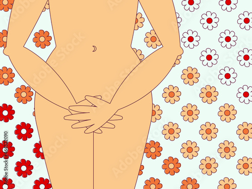 Vector graphics - a young naked woman with a hidden face shyly covers her pubis with her hands against a background of floral ornament. Concept - women's health problems.