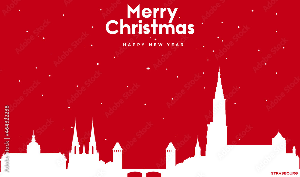 Christmas and new year red greeting card with white cityscape of Strasbourg