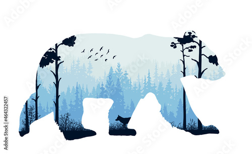 Magic misty forest in silhouette of bear. Trees,fox on meadow in grass, birds. Blue and black wild landscape illustration. Animal isolated on white background.