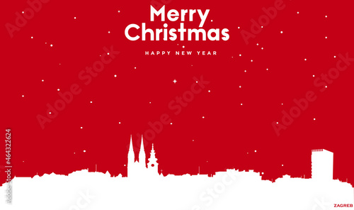 Christmas and new year red greeting card with white cityscape of Zagreb