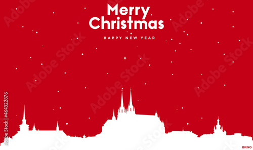 Christmas and new year red greeting card with white cityscape of Brno