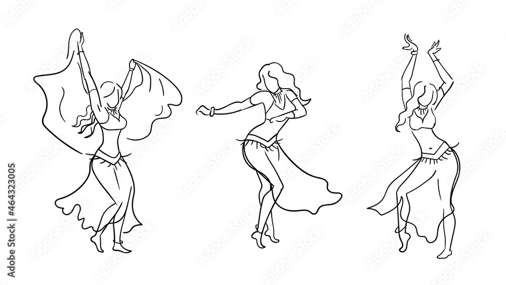 Set of woman performing belly dancing  line vector illustartion