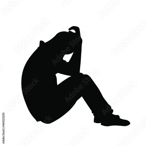 Man sitting and crying in despair or praying silhouette vector illustration
