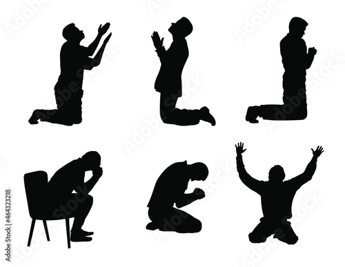 Man praying and praising God on knees silhouette set vector illustration