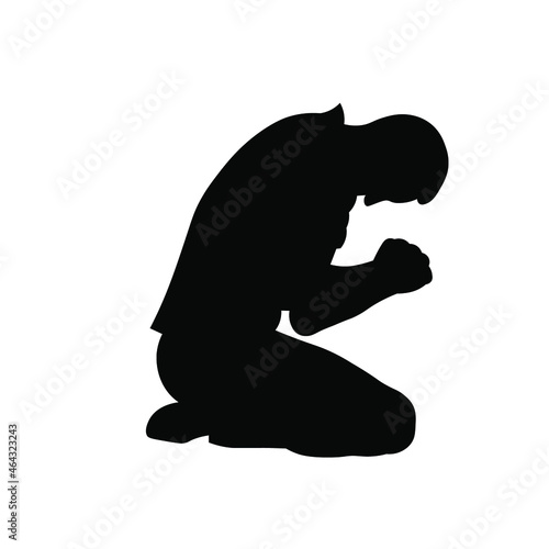 Man praying on knees silhouette vector illustration