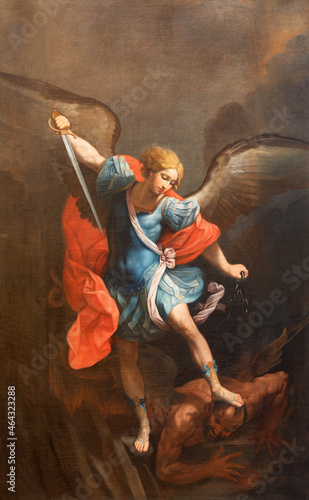 ROME  ITALY - AUGUST 29  2021  The painting of Michael Archangel in the church Chiesa di San Francesco a Ripa after Guido Reni by Carlo Cigani  1628    1719 .