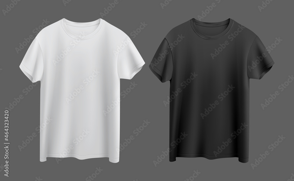 white and black t-shirt isolated on gray background front view - obrazy, fototapety, plakaty 