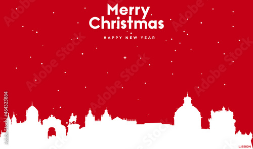 Christmas and new year red greeting card with white cityscape of Lisbon