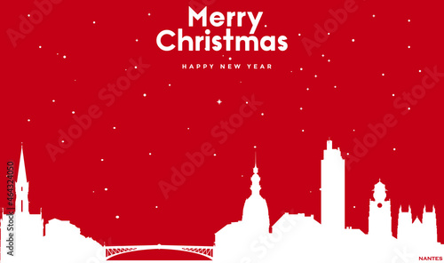 Christmas and new year red greeting card with white cityscape of Nantes
