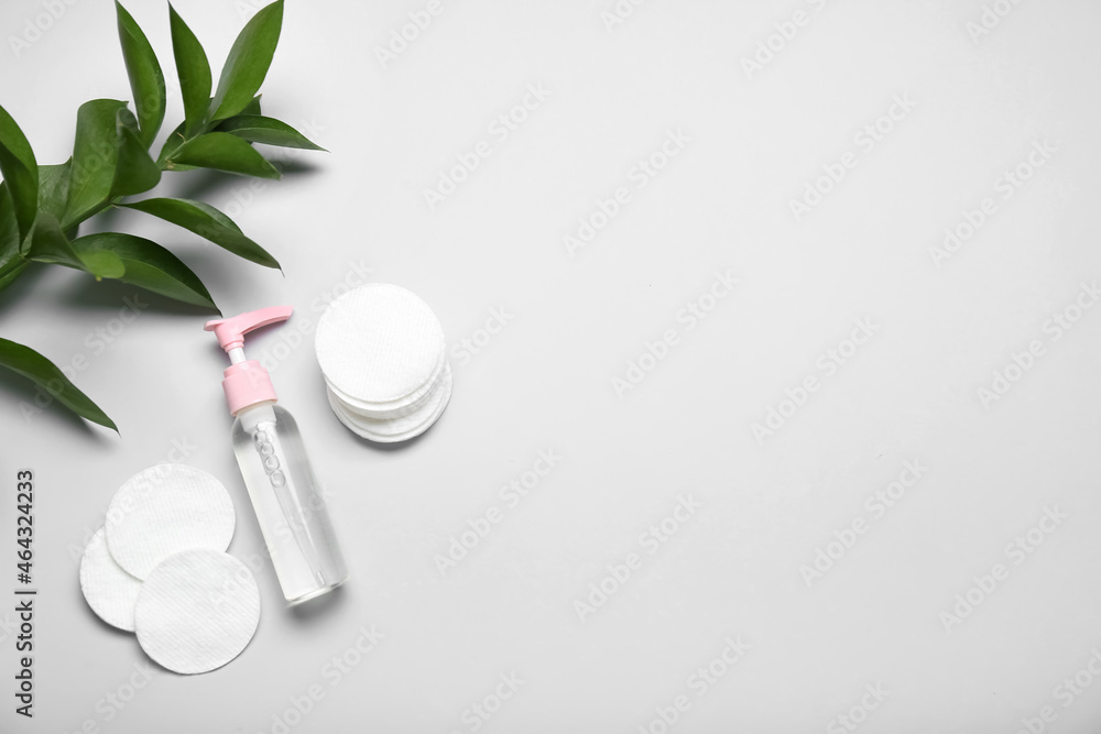 Bottle of cosmetic product, cotton pads and branch on white background Bottle of cosmetic product, cotton pads and branch on white background