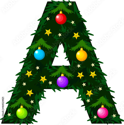 The letter A. Winter alphabet. The font is made in the form of a Christmas tree with decorations of balls and stars.
