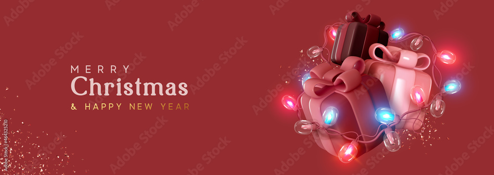 Christmas gift box. Presents with surprise, wrapped in bright light burning garland. Xmas festive background with realistic 3d design element. Happy New Year. Horizontal banner, header for website - obrazy, fototapety, plakaty 