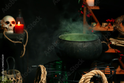 Cauldron with potion in witch's lair photo