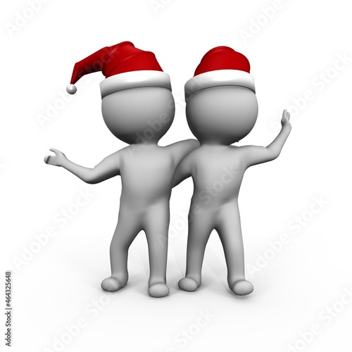 Two friends having fun on new years day wearing a santa hat