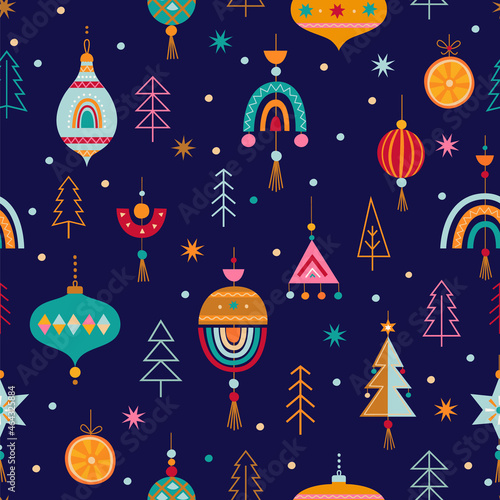 Christmas seamless pattern with hand drawn christmas toys and trees in Scandinavian style. Xmas cozy decor elements. Holidays baubles.Template for invitation,wishing,design,print.Vector illustration.