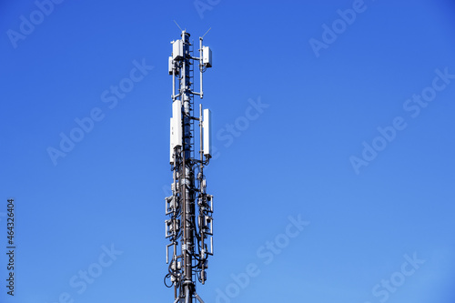 Cell site, cell tower or cellular base station - for transmitting radio signals from cellular networks, cordless phones and wireless networks - against a clear, cloudless sky.