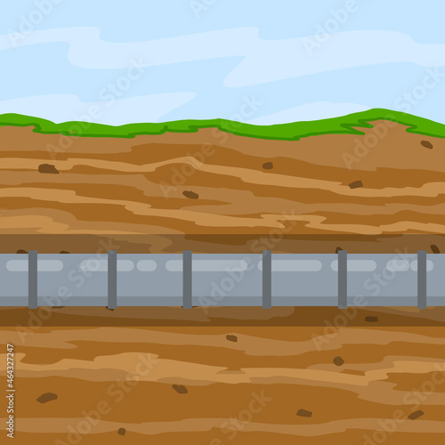 Underground pipeline. Sewer and water supply pipe. Sewage system. Oil pipeline in ground. Nature and soil. Flat illustration