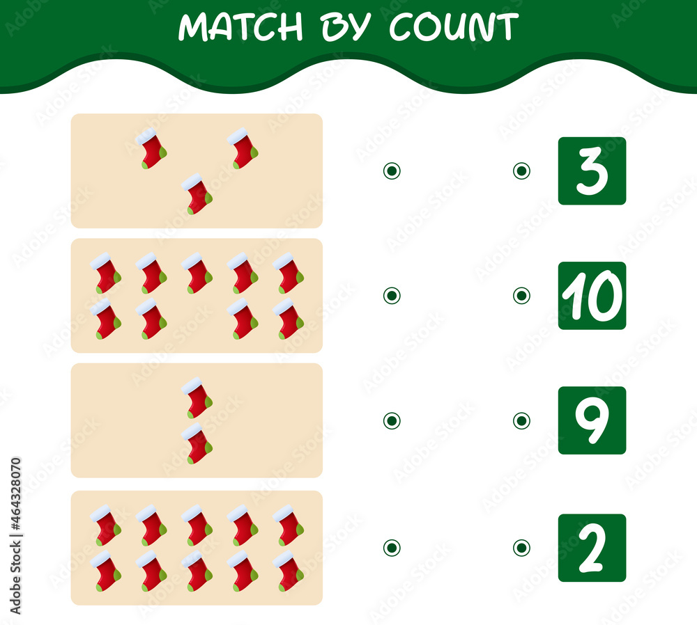 Match by count of cartoon sock. Match and count game. Educational game for pre shool years kids and toddlers Match by count of cartoon sock. Match and count game. Educational game for pre shool years kids and toddlers