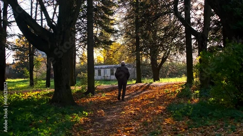 A grey-haired man passing by along the path in the autumn park. The ground is covered with fallen off trees red and yellow leaves. still green grass though. usual trees and distant coniferous trees.