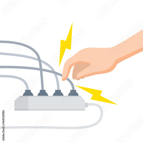 Electric shock and short circuit. Safety precautions. Hand touches broken socket. High voltage. Dangerous situation. Damaged Electrical wire