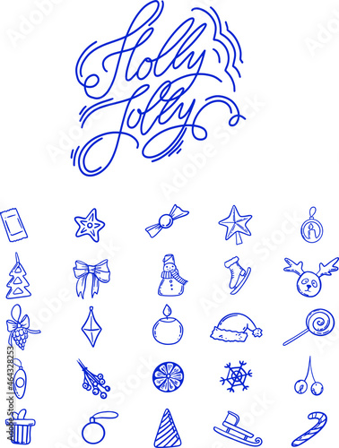 A set of New Year's decorations and elements for decoration. Vector Happy New Year lettering