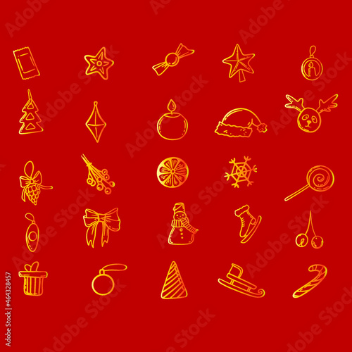 A set of New Year s decorations and elements for decoration. Vector Happy New Year lettering