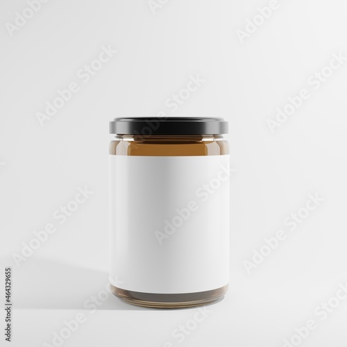 honey jar with white label and black cap a front view 3d render