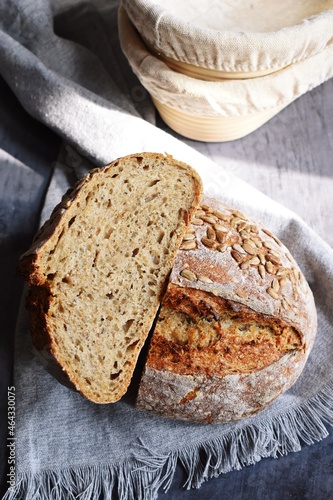 Homemade sourdough bread on the grey background