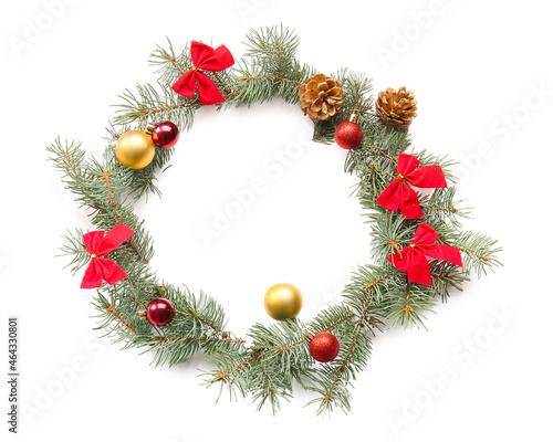 Frame made of beautiful Christmas decor and fir tree branches on white background