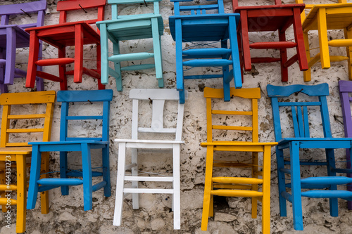 Roadside marketplace with handmade colorful chairs in Turkey