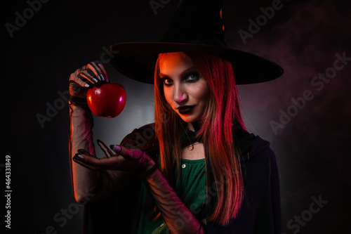 Εκτύπωση καμβά Young witch with poisoned apple on dark background