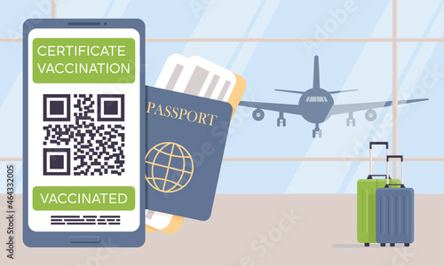Covid-19 vaccine passport on smartphone with QR code. Concept of Coronavirus Jab Online Certificate. Airport terminal, silhouette airplane. Traveling during coronavirus pandemic. Vector illustration