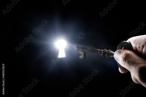 光る鍵穴に鍵を入れるビジネスマン photo