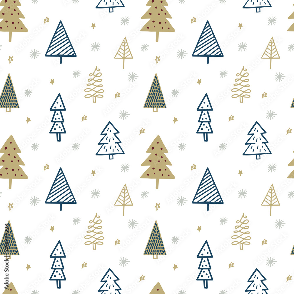 Cute winter season holiday childish seamless pattern with minimalist hand drawn Christmas tree doodle. Beautiful New Year children naive background design, textile print Cute winter season holiday childish seamless pattern with minimalist hand drawn Christmas tree doodle. Beautiful New Year children naive background design, textile print