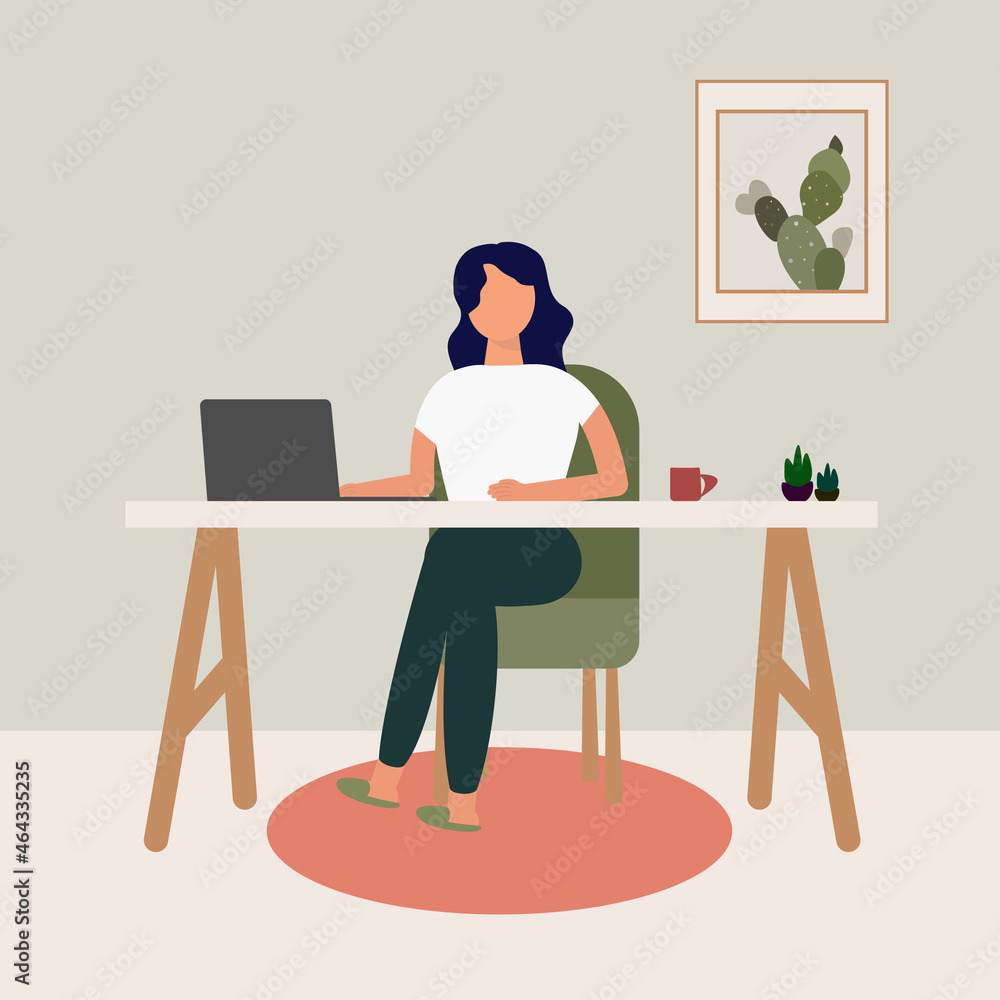 Woman sitting in a chair while work at home or coworking space. Woman freelancer work on laptop computer. Work from home, freelance, distance education, e-learning vector illustration.  