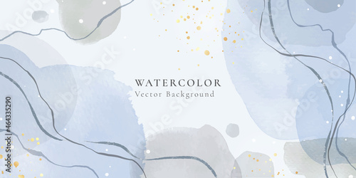 Abstract dusty blue and pastel grey liquid watercolor background with wavy lines and gold stains. Pastel elegant minimal modern horizontal header. Vector illustration, watercolour wallpaper