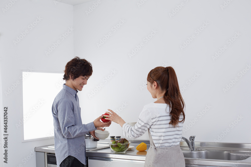 キッチンで料理をする夫婦 キッチンで料理をする夫婦