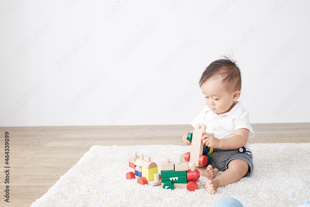 白ラグの上で遊ぶ赤ちゃん 白ラグの上で遊ぶ赤ちゃん