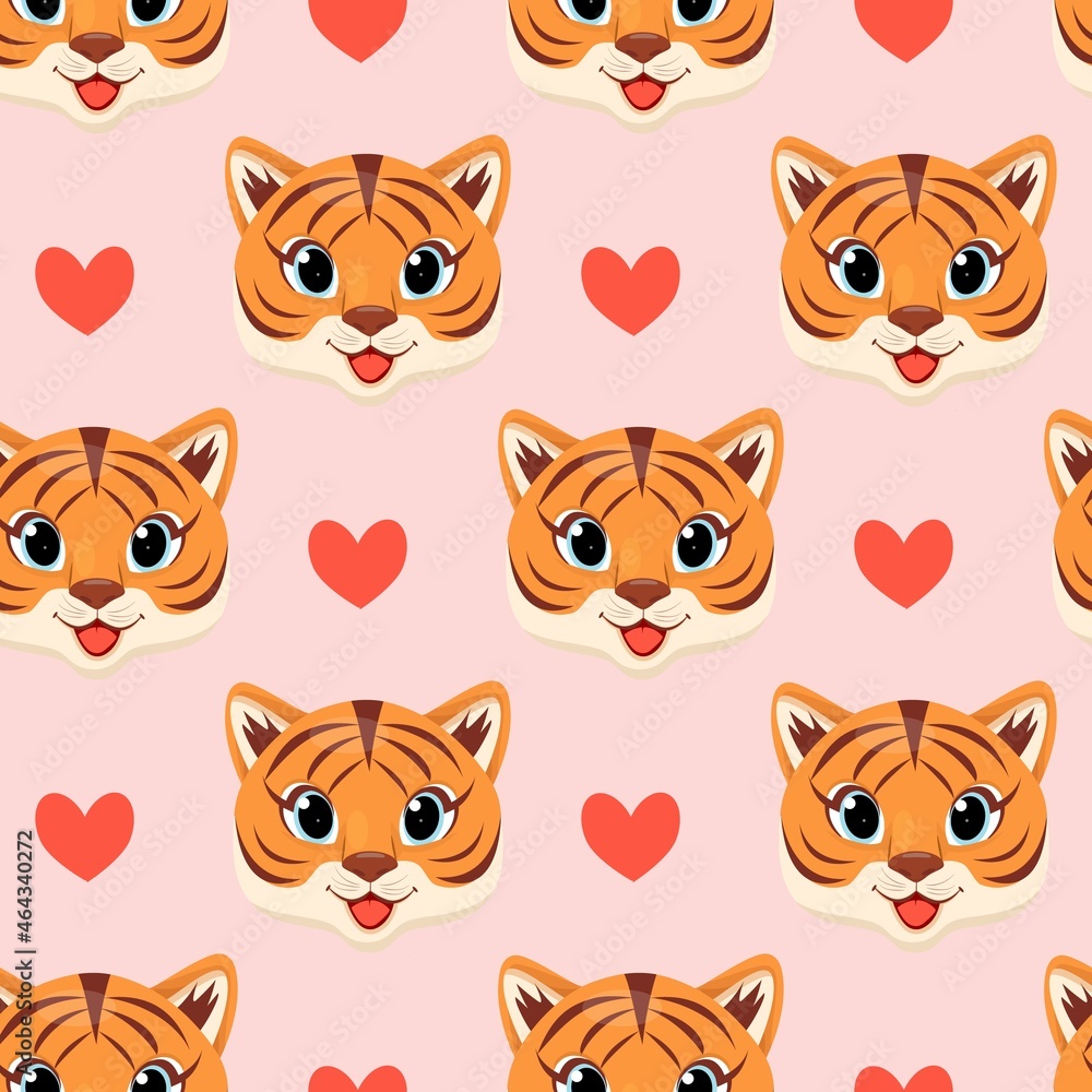 Fototapeta premium Cute tiger head, seamless pattern for children.Vector flat illustration