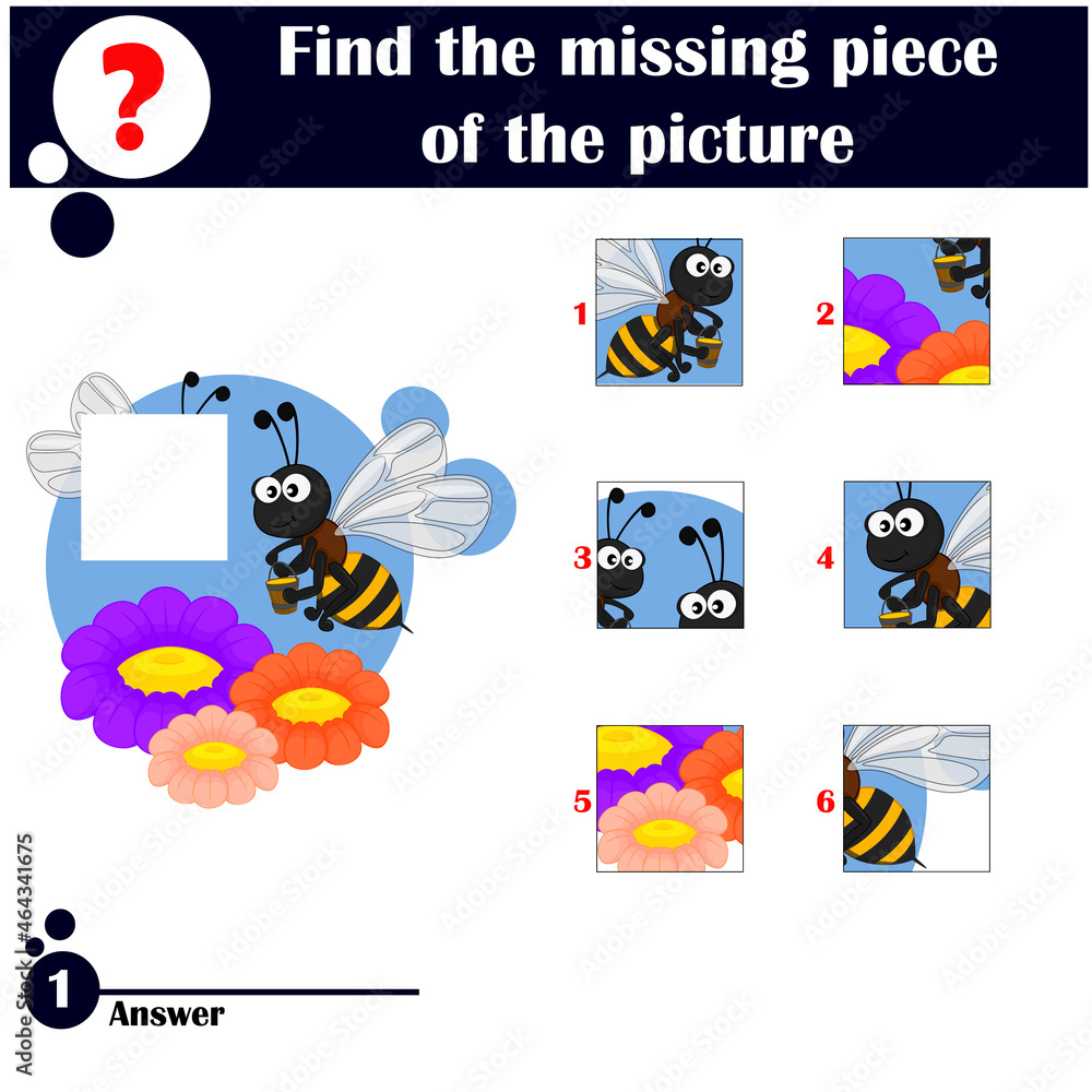 Fototapeta premium Puzzle game. Educational games for children. Find the missing piece of the picture. Set of cute bees with honey buckets