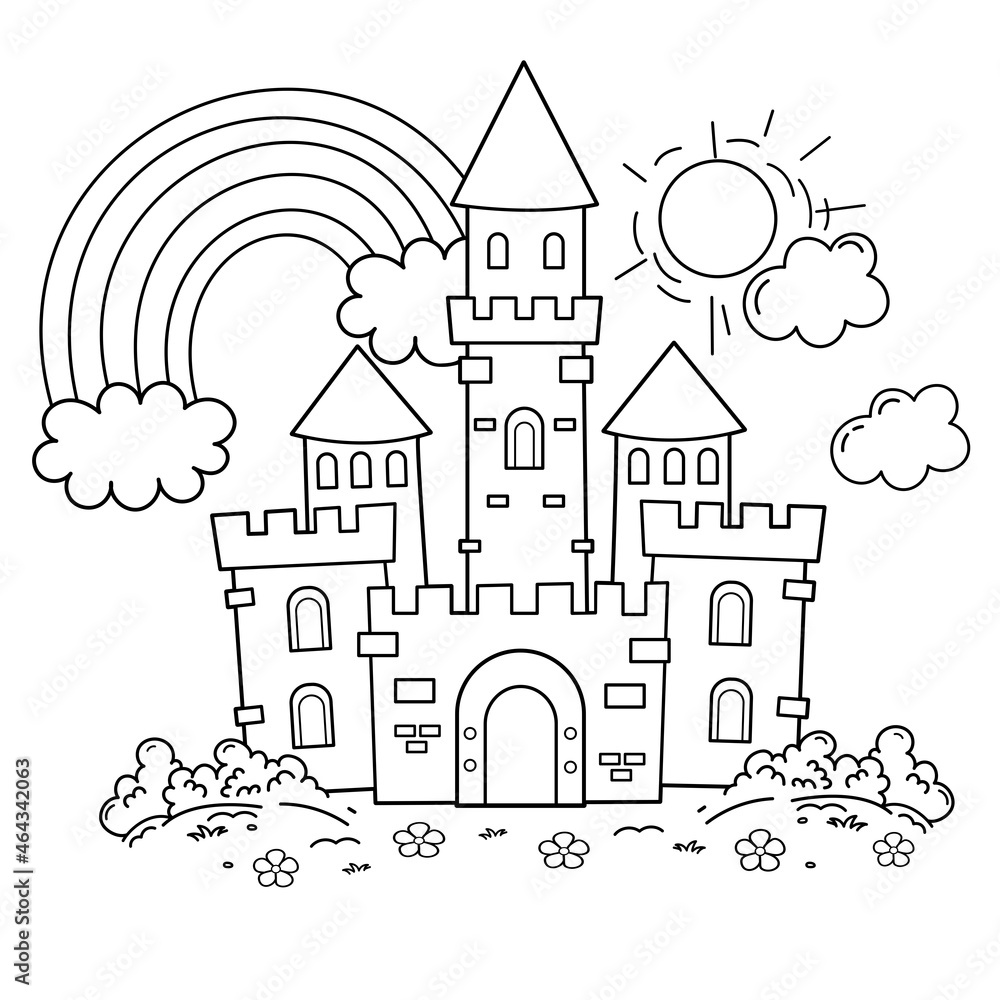 Coloring Page Outline Of cartoon fairy tale castle.  Beautiful royal palace. Coloring Book for kids.