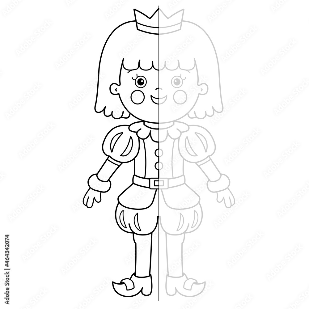 Fototapeta premium Draw symmetrically. Coloring Page Outline Of cartoon lovely prince. Beautiful young king. Fairy tale hero. Coloring Book for kids.