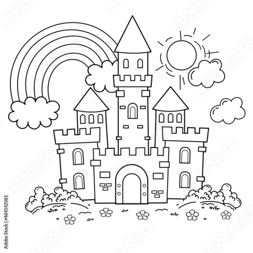 Coloring Page Outline Of cartoon fairy tale castle.  Beautiful royal palace. Coloring Book for kids.