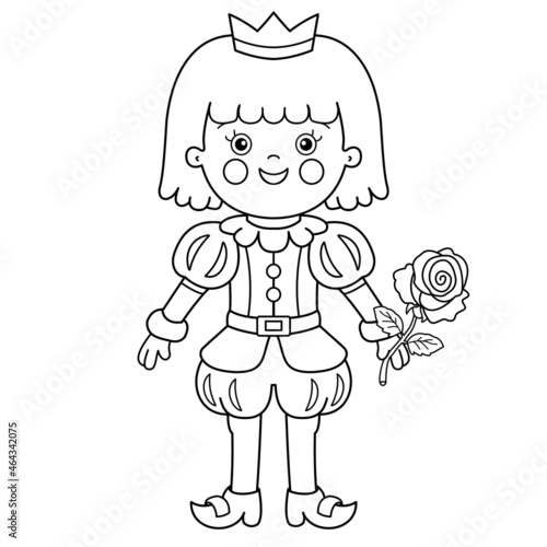 Coloring Page Outline Of cartoon lovely prince with magic rose. Beautiful young king. Fairy tale hero or character. Coloring Book for kids.