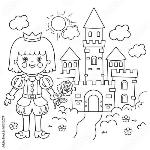 Coloring Page Outline Of cartoon lovely prince with magic rose. Beautiful young king. Royal castle or palace. Fairy tale hero or character. Coloring Book for kids.